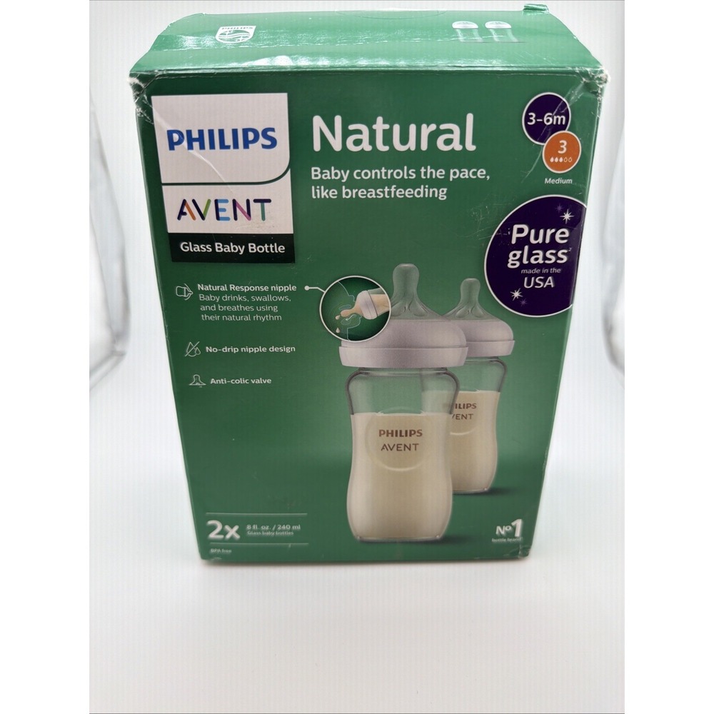 2-Pack Philips Avent Glass Baby Bottles 8oz, 1m+, Natural Response Nipple